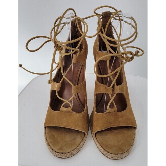 Tory Burch Raya Suede Lace Up Wedge Heels Womens Tan Brown Open Toe Sandals - Picture 5 of 10